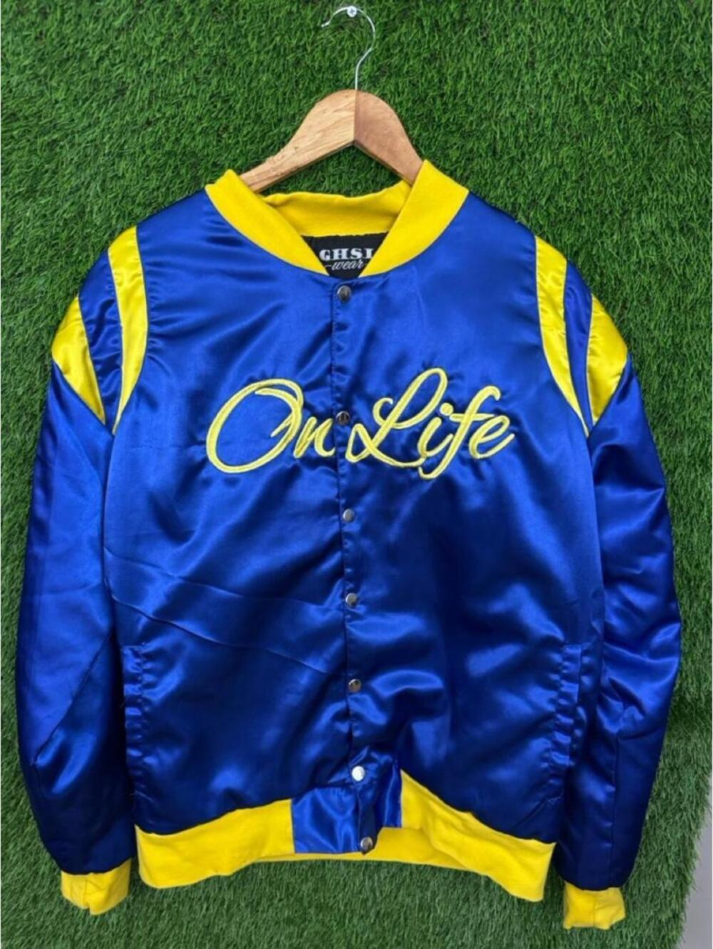 Vintage On Life Satin Varsity Jacket Blue Yellow Bomber Jacket Size S